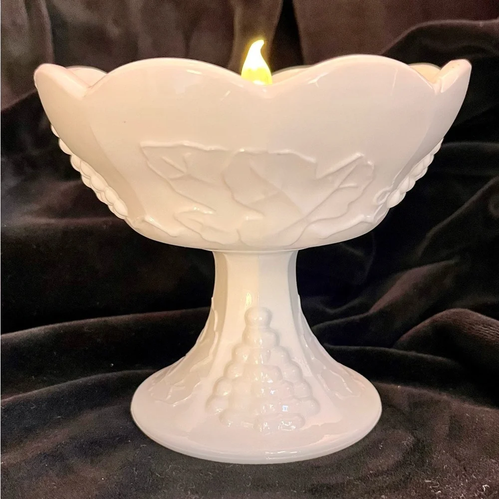Indiana Glass Colony Harvest White Milk Glass Pedestal Candle Holder Grape VTG